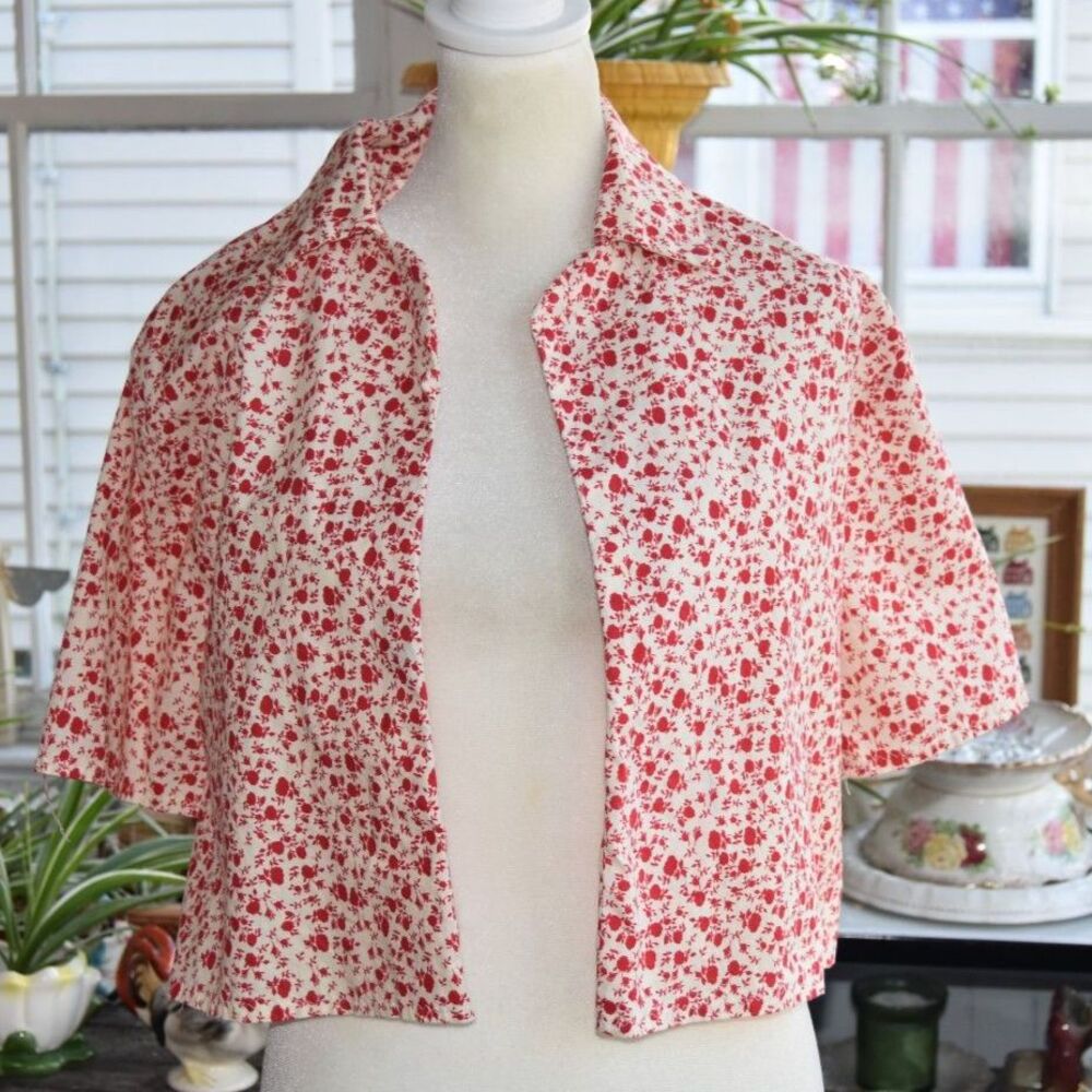 Vintage 1950s Red Rose Floral Cotton Crop Jacket Bolero Top Open Front Small
